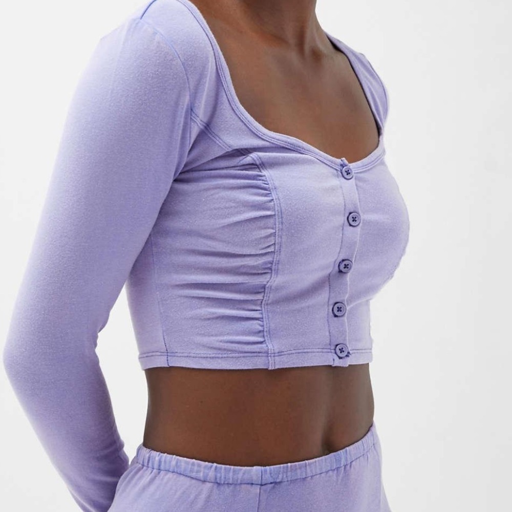 Urban Outfitters Lavender Ruched Button-Front Cropped Top